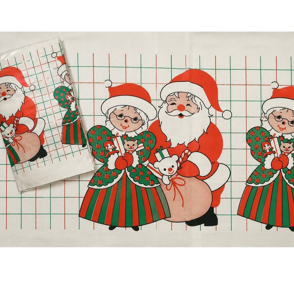Vintage Santa Mrs Claus Paper Tablecloth 54x88 Retro Christmas Holiday Decor